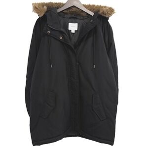 Old Navy Winter Jacket Womens L Black Faux Fur Trim Hooded Parka Winter Coat